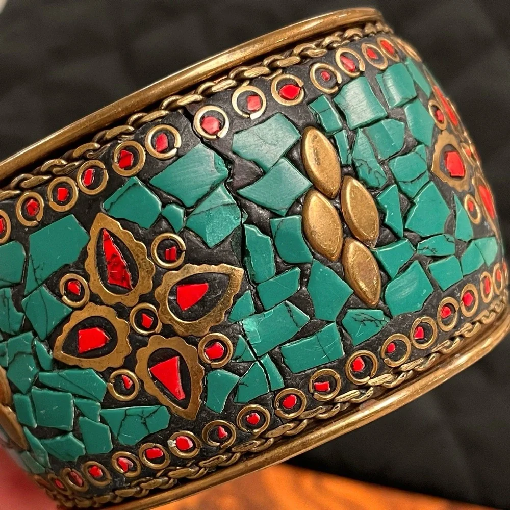 Handcrafted Turquoise and Copper Mosaic Cuff Bracelet